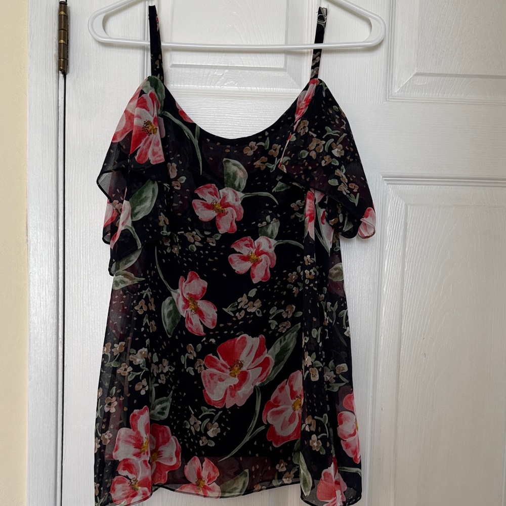 CAbi Black and Pink Floral Blouse